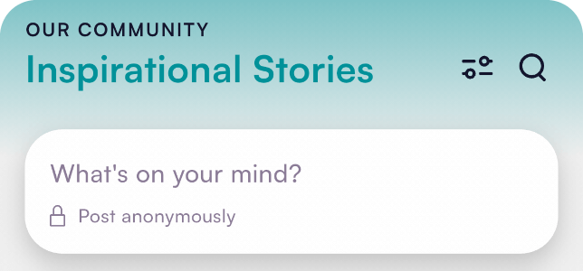 Screenshot of the 2NDFLOOR app highlighting "Inspirational Stories" and asking the user "What's on your mind?"