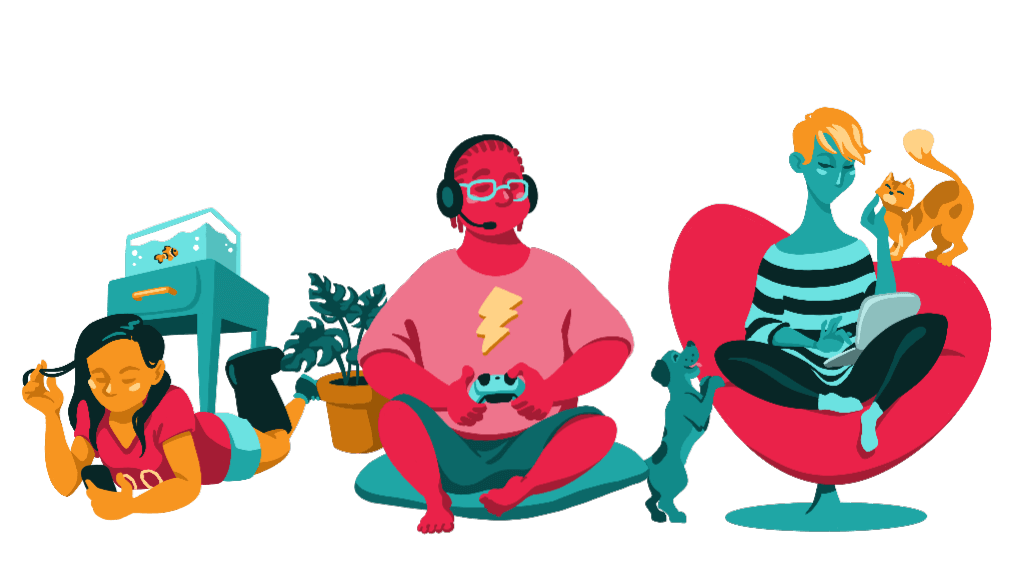 Three diverse illustrated youth characters, on mobile phone, playing video games, and on laptop with pet